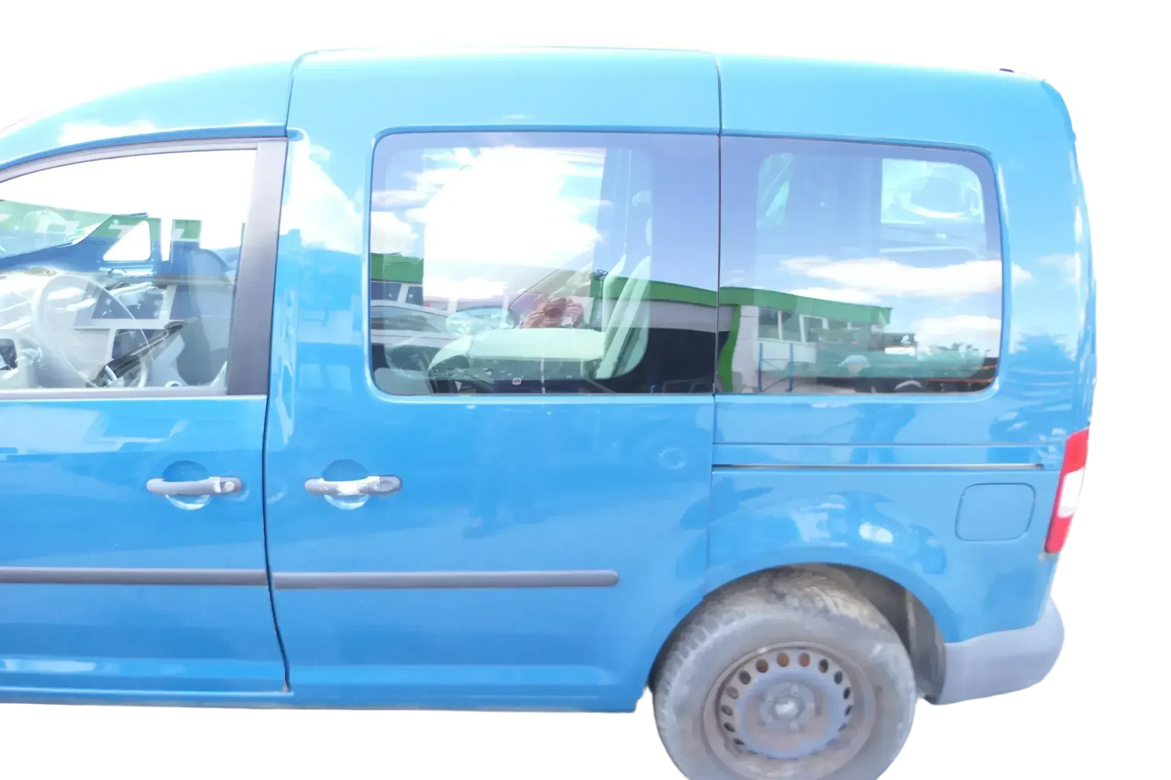 VW Caddy 3 2k Tür hinten links blau grün LN6F Scheibe Schiebetür - Bild 1